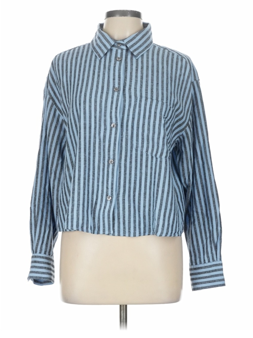 Striped Button-Up linen blend Shirt in Light Blue and Black